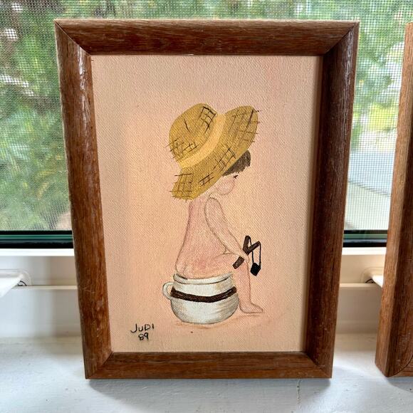 Vintage Framed Paintings Boy And Girl on Chamber Pots, set of 2 - Picture 4 of 11
